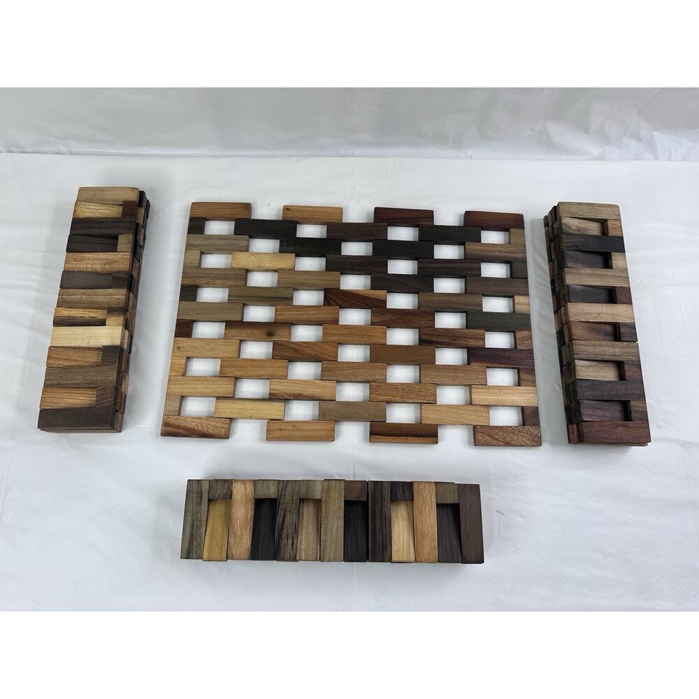 Vintage Set of 4 Woven Wood Slat Placemats MCM Teak-Tone Boho Modern Japan
